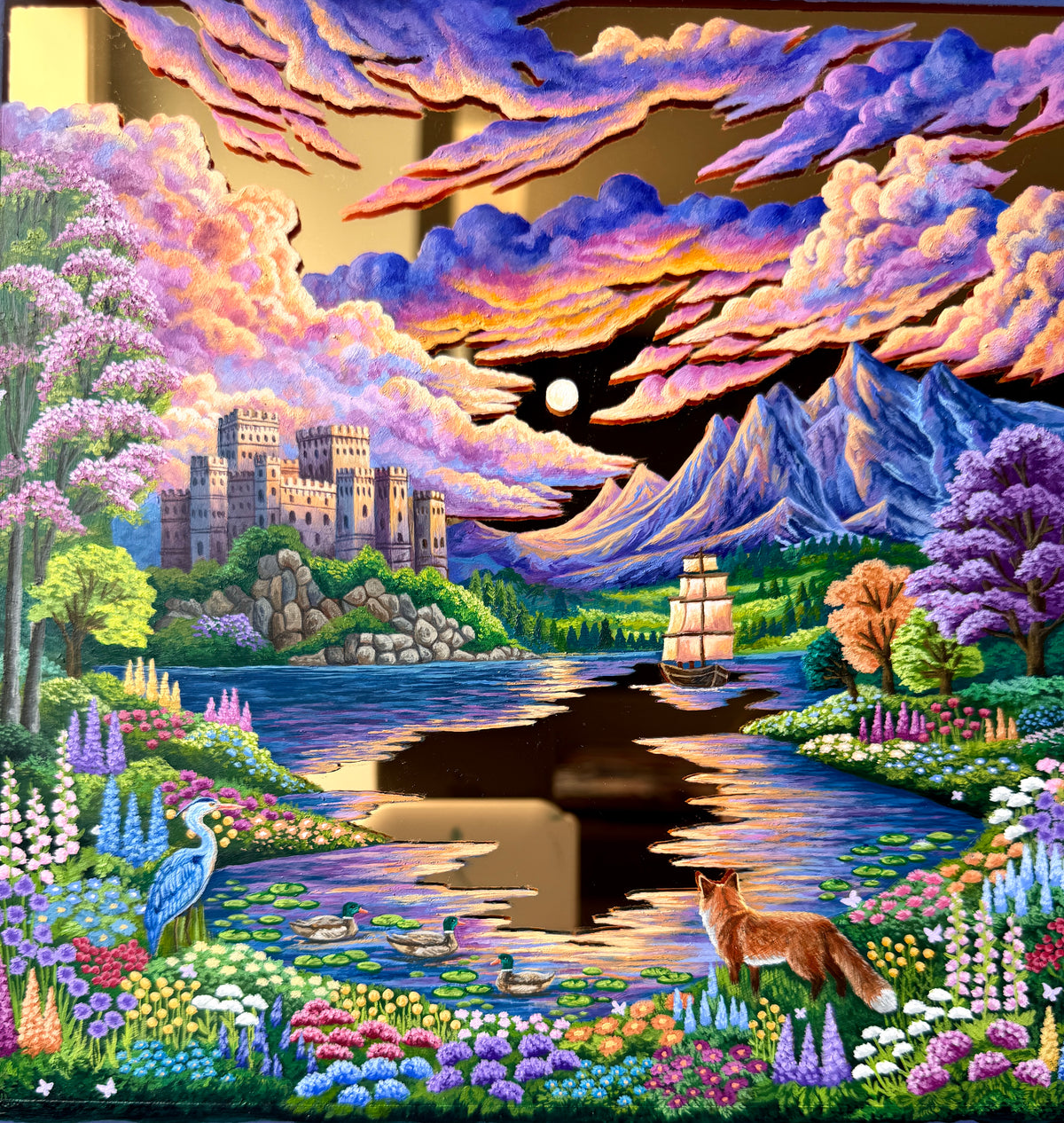 "The Fox and the Heron: Companions of the Golden Lake" - Hand Painted Landscape Mirror