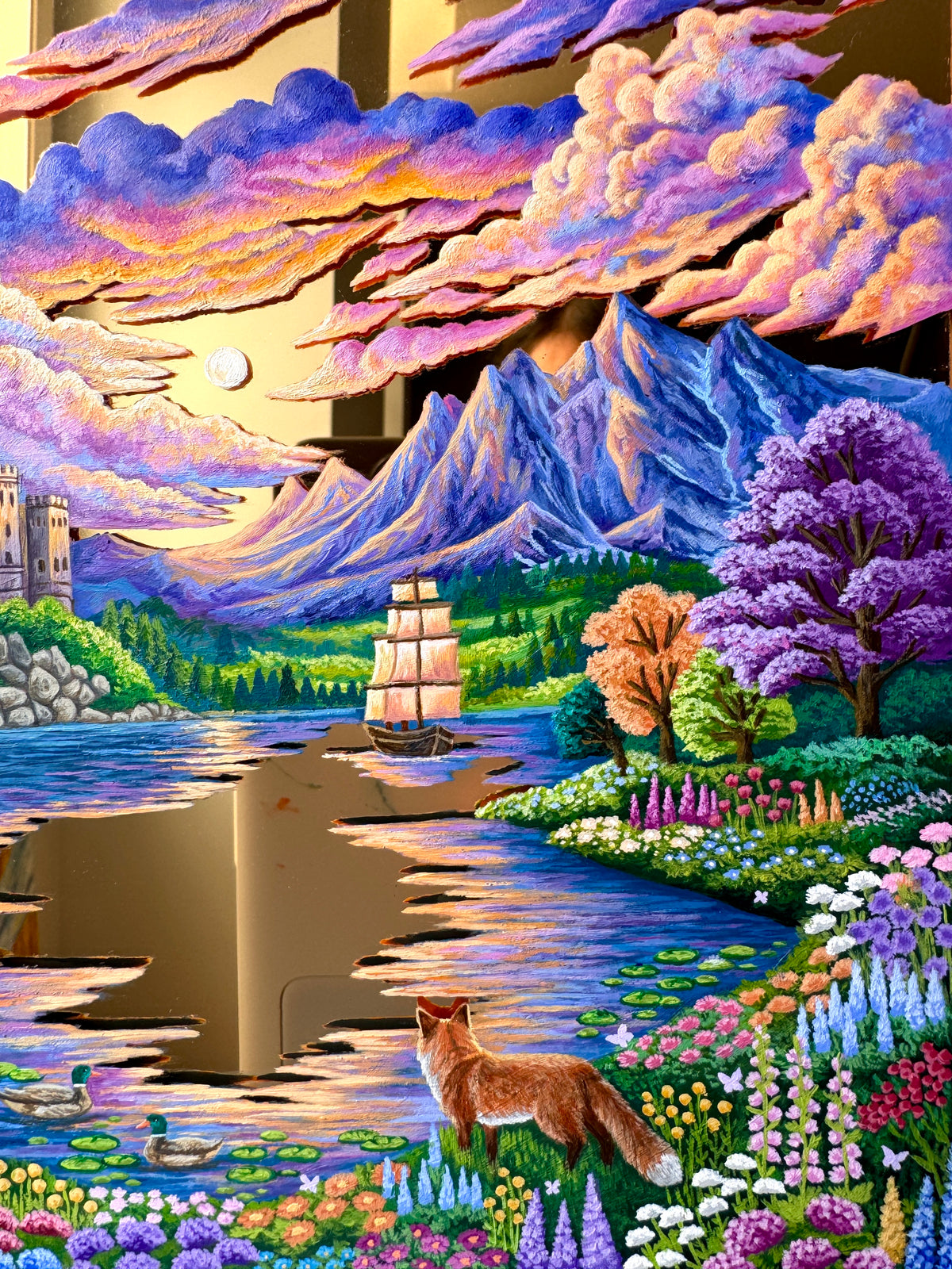 "The Fox and the Heron: Companions of the Golden Lake" - Hand Painted Landscape Mirror