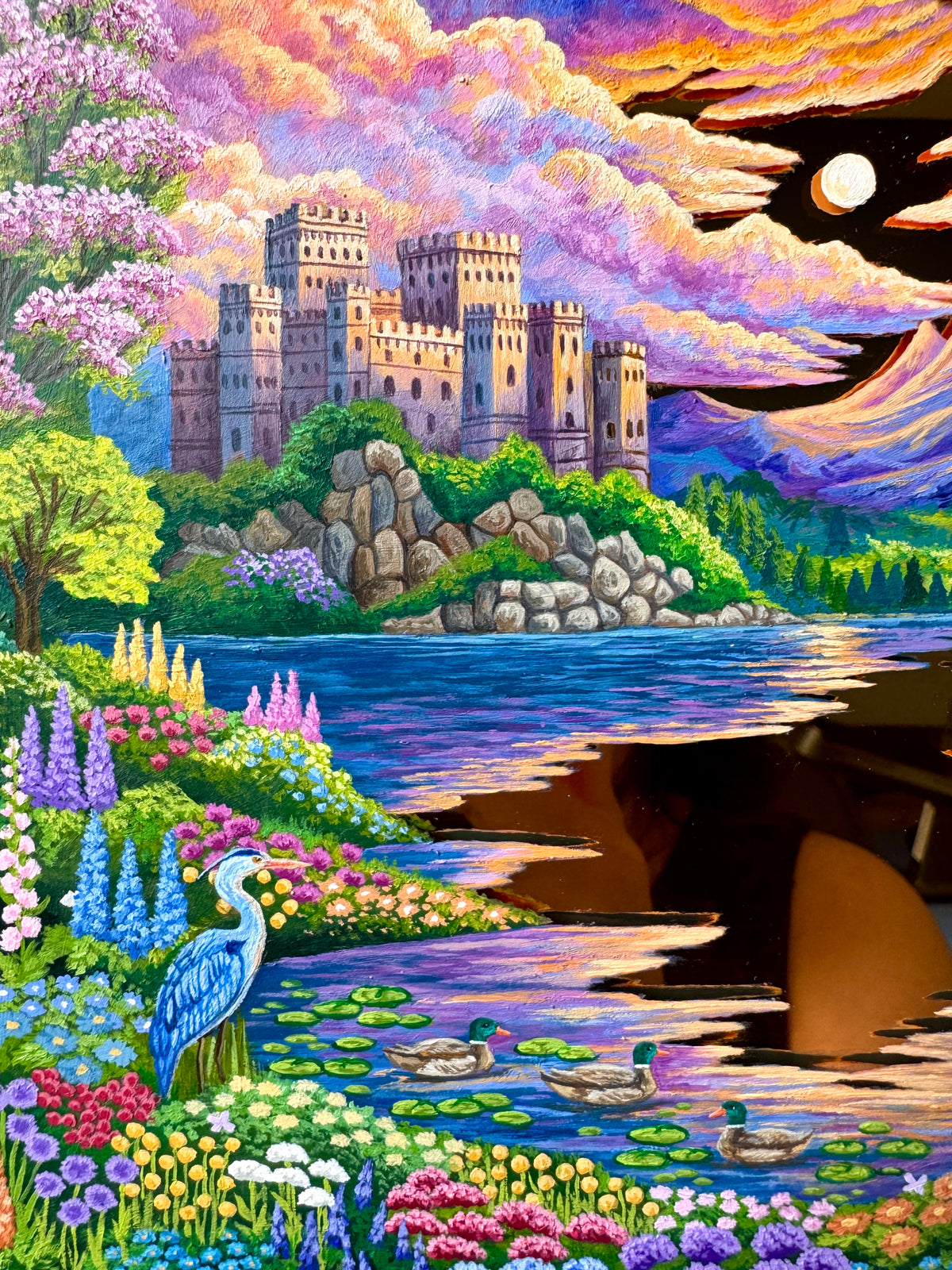 "The Fox and the Heron: Companions of the Golden Lake" - Hand Painted Landscape Mirror
