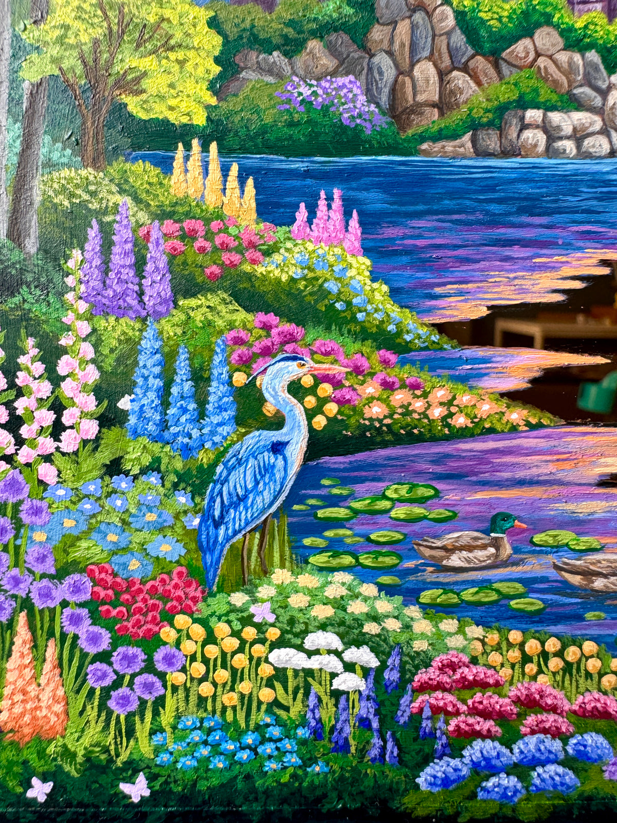"The Fox and the Heron: Companions of the Golden Lake" - Hand Painted Landscape Mirror