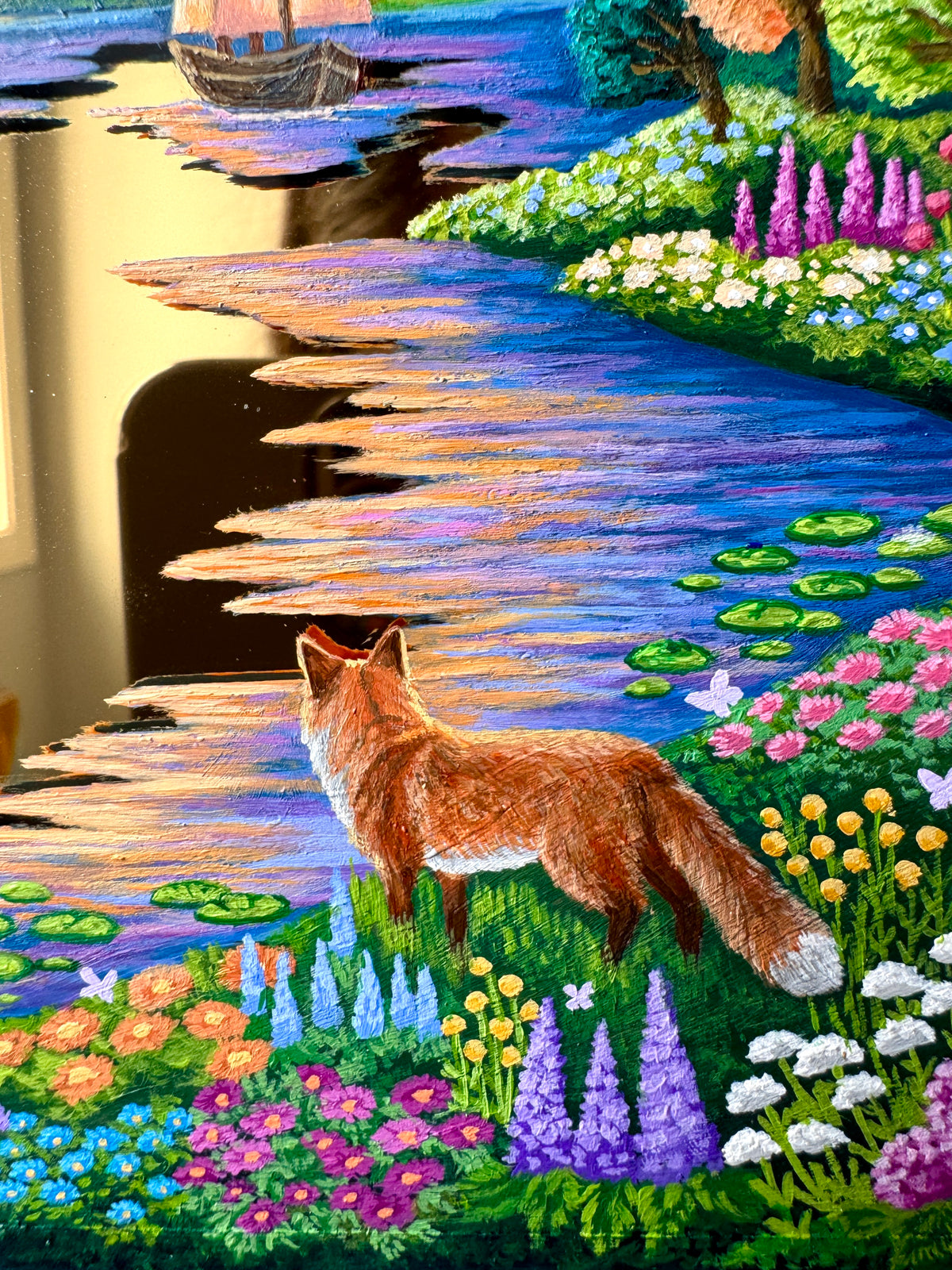 "The Fox and the Heron: Companions of the Golden Lake" - Hand Painted Landscape Mirror