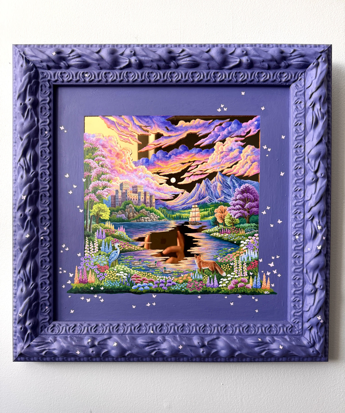 "The Fox and the Heron: Companions of the Golden Lake" - Hand Painted Landscape Mirror