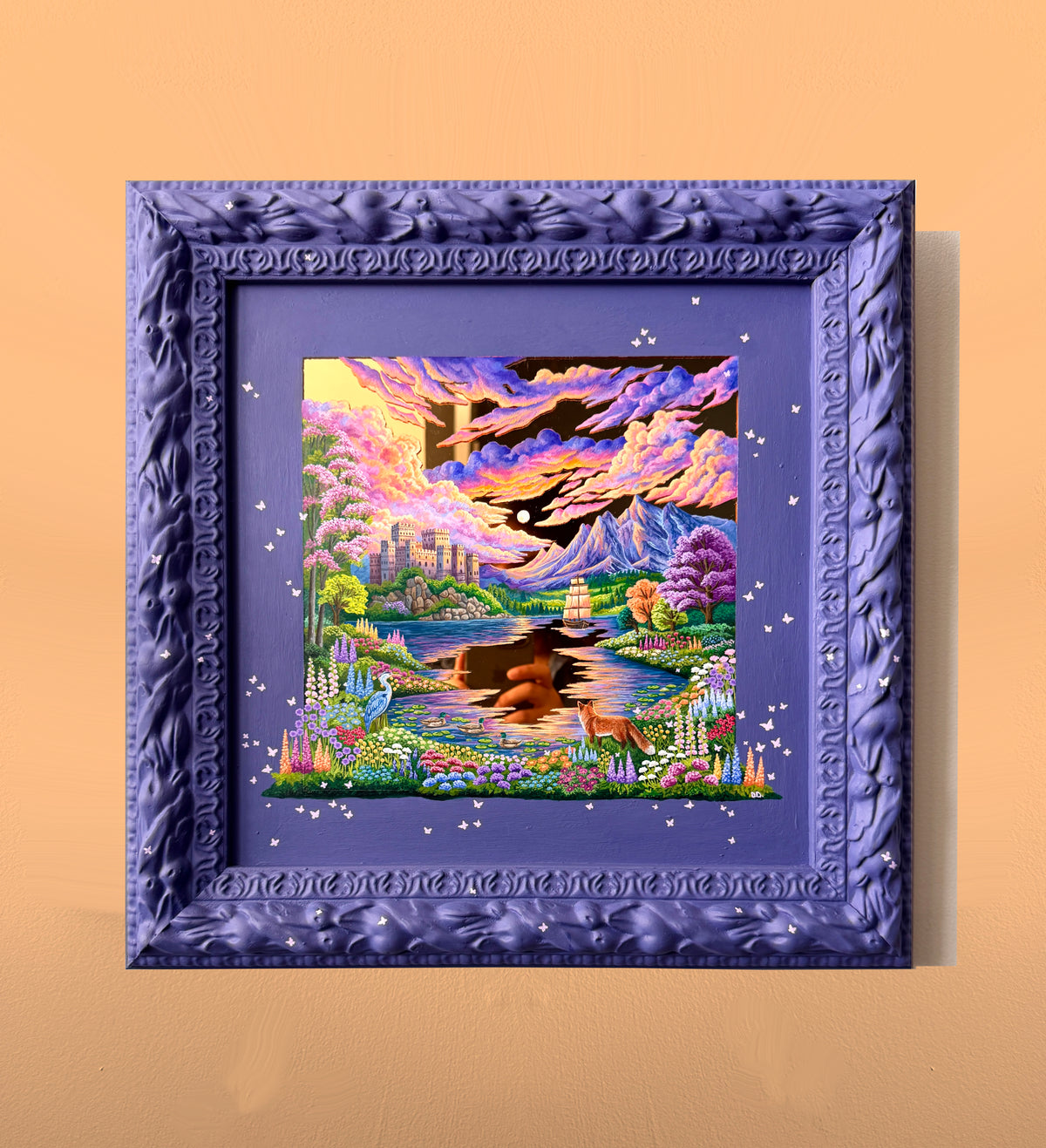 "The Fox and the Heron: Companions of the Golden Lake" - Hand Painted Landscape Mirror