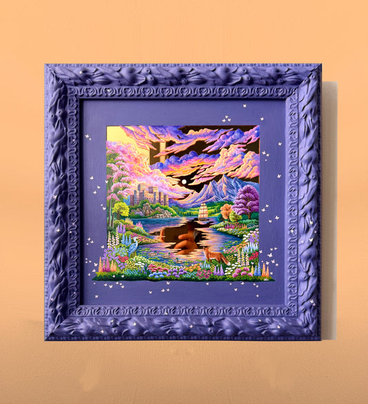 "The Fox and the Heron: Companions of the Golden Lake" - Hand Painted Landscape Mirror